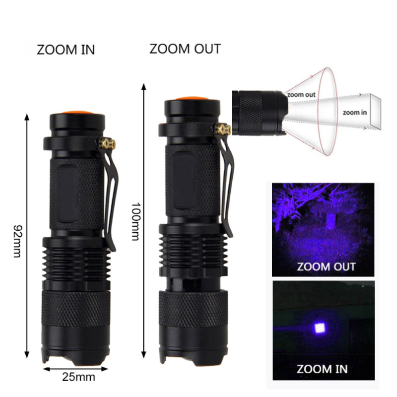 Mini UV flashlight 365nm/395nm, aluminijska legura, provjera novca, 5W, baterija 1x14500 (1500mAh), USB punjač uključen, doseg 100–200 m