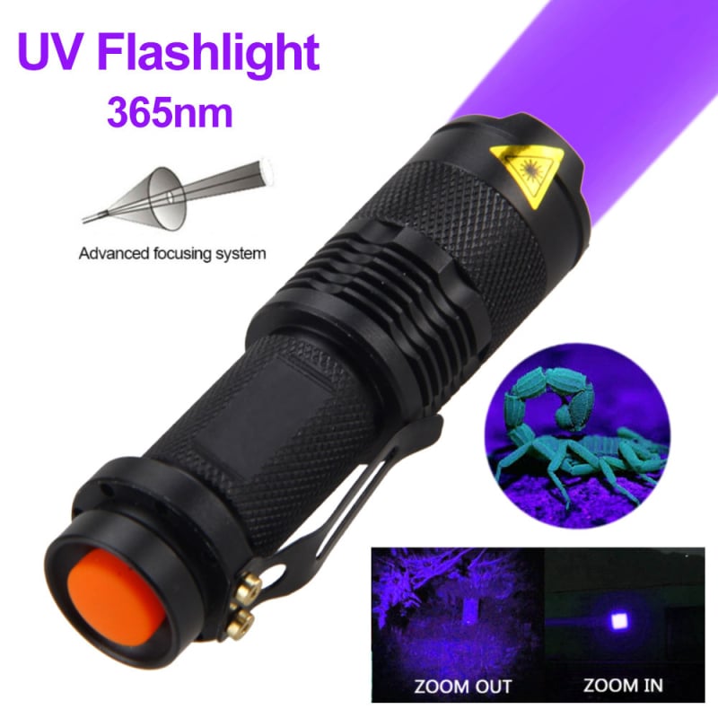 Mini UV flashlight 365nm/395nm, aluminijska legura, provjera novca, 5W, baterija 1x14500 (1500mAh), USB punjač uključen, doseg 100–200 m