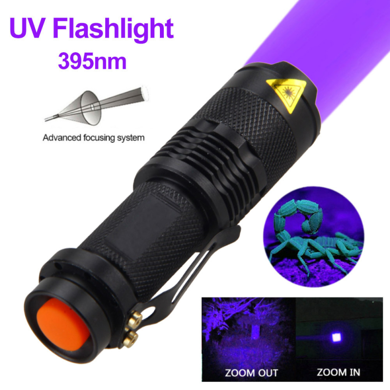 Mini UV flashlight 365nm/395nm, aluminijska legura, provjera novca, 5W, baterija 1x14500 (1500mAh), USB punjač uključen, doseg 100–200 m