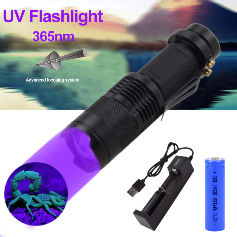 Mini UV flashlight 365nm/395nm, aluminijska legura, provjera novca, 5W, baterija 1x14500 (1500mAh), USB punjač uključen, doseg 100–200 m