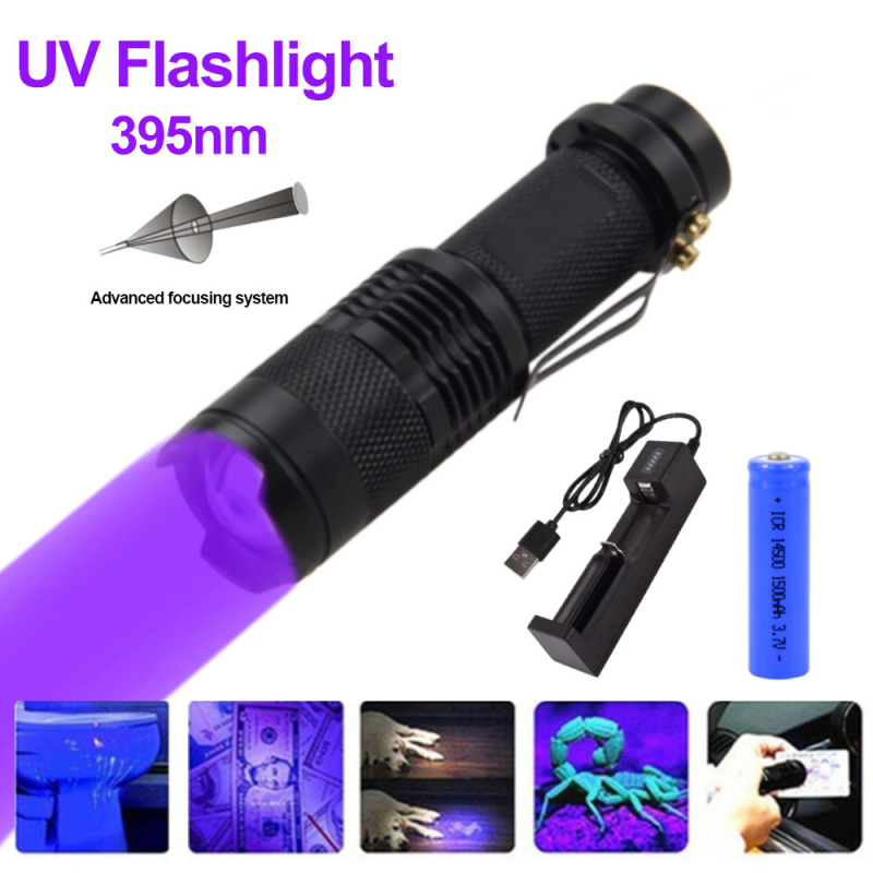 Mini UV flashlight 365nm/395nm, aluminijska legura, provjera novca, 5W, baterija 1x14500 (1500mAh), USB punjač uključen, doseg 100–200 m