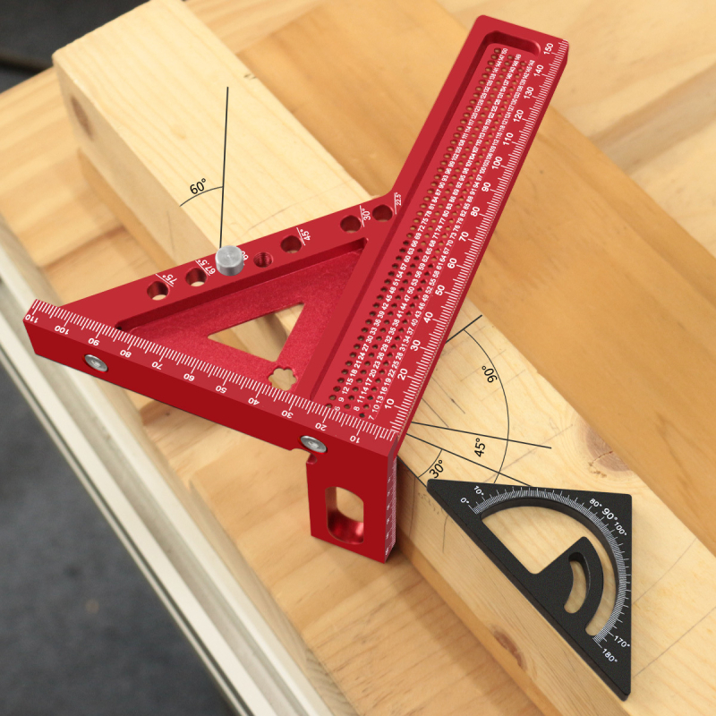 Двуинструментално комбинирано триъгълно правило с удължен дебел дърводелски квадрат и дупково чертаещо правило
