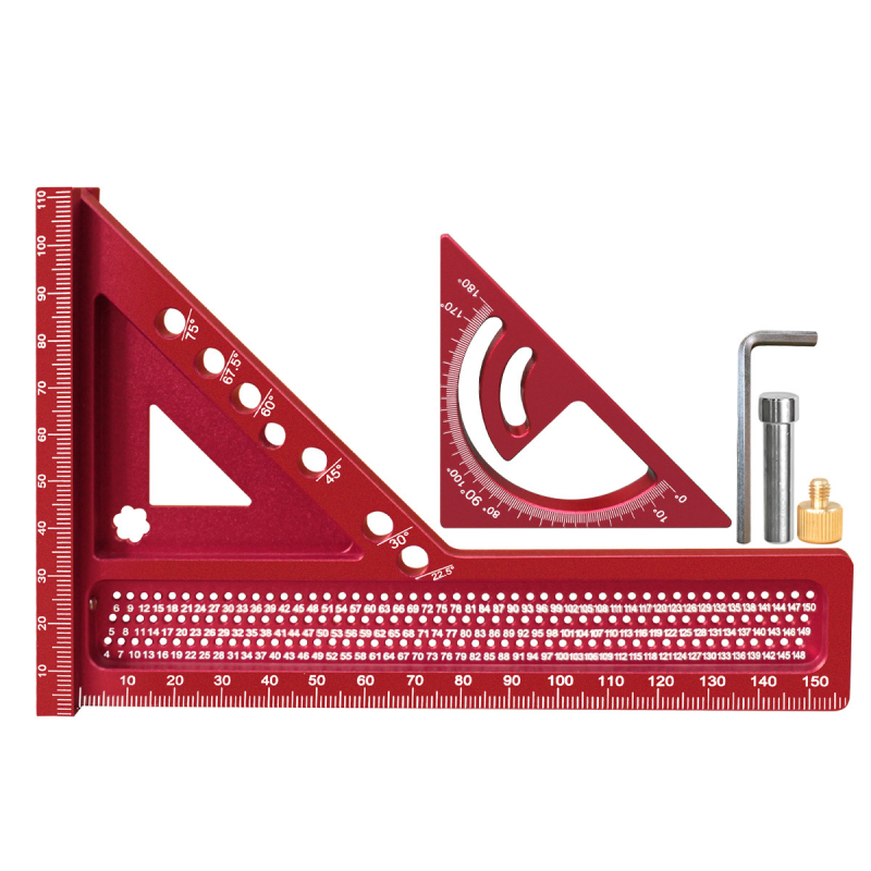 Двуинструментално комбинирано триъгълно правило с удължен дебел дърводелски квадрат и дупково чертаещо правило