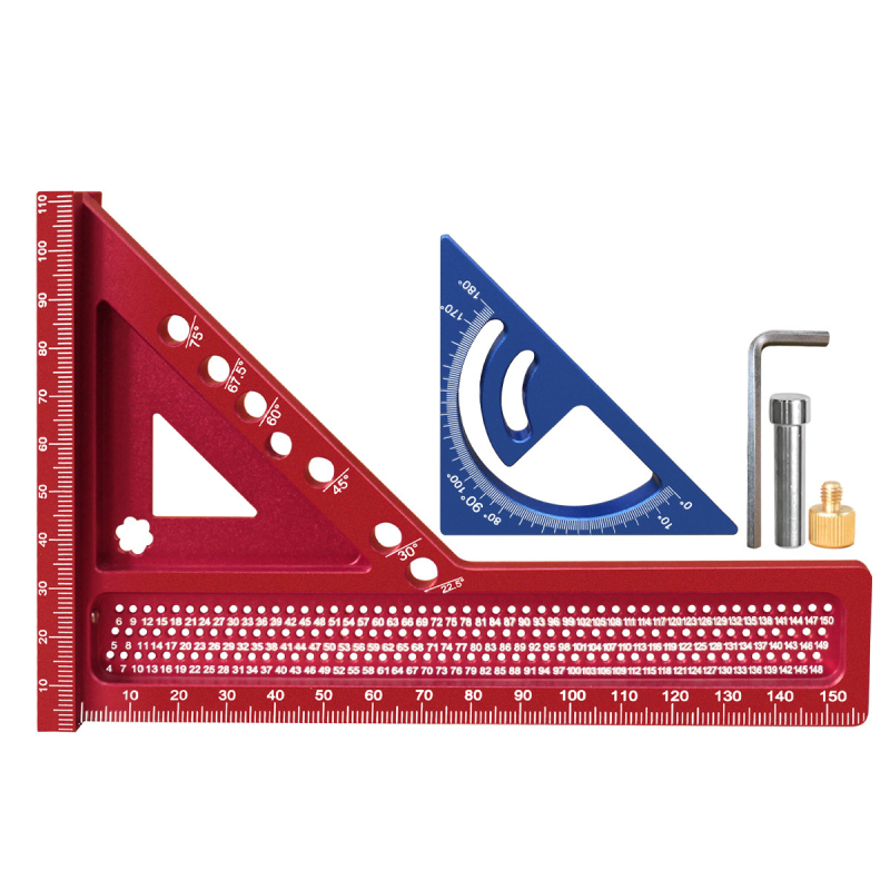 Двуинструментално комбинирано триъгълно правило с удължен дебел дърводелски квадрат и дупково чертаещо правило