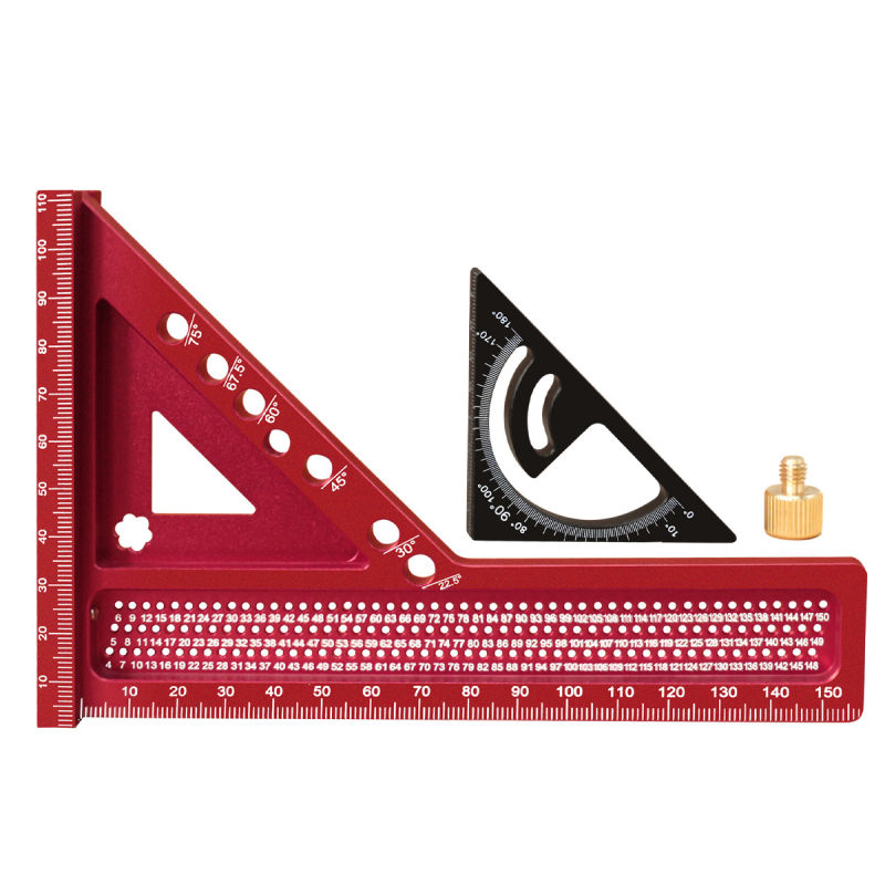 Двуинструментално комбинирано триъгълно правило с удължен дебел дърводелски квадрат и дупково чертаещо правило