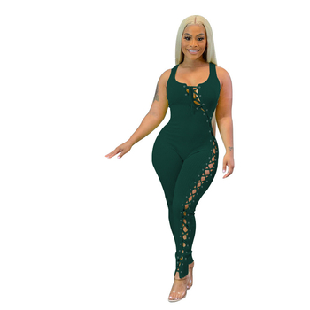 Ολόσωμο jumpsuit χωρίς μανίκια με διακοσμητικές κενές τιράντες, στενή εφαρμογή, 100% πολυεστέρας, μονόχρωμο, κανονική μήκος, άνοιξη 2022