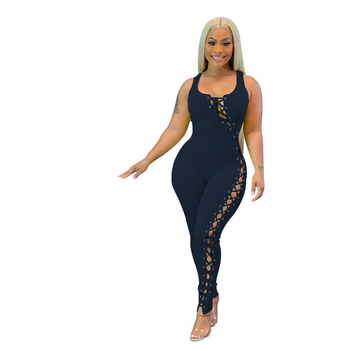 Ολόσωμο jumpsuit χωρίς μανίκια με διακοσμητικές κενές τιράντες, στενή εφαρμογή, 100% πολυεστέρας, μονόχρωμο, κανονική μήκος, άνοιξη 2022