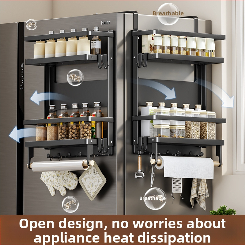 Магнитен страничен рафт за кухненски хладилник — стенен, без монтаж, мултифункционален, въглеродна стомана, държач за кухненска хартия, държач за фолио и подправки