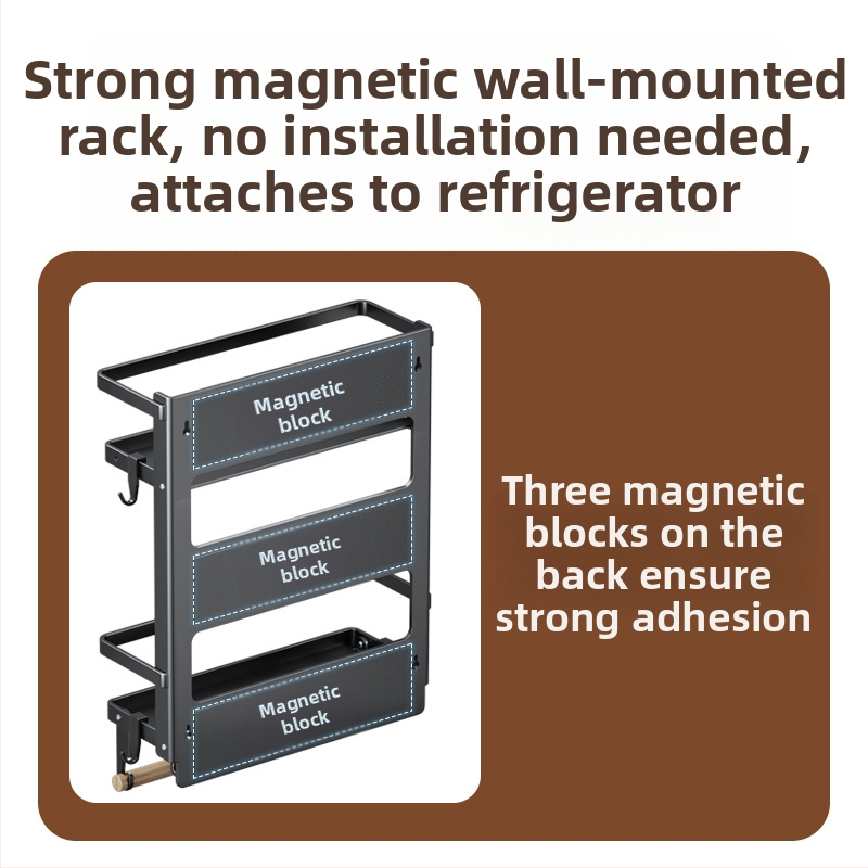 Магнитен страничен рафт за кухненски хладилник — стенен, без монтаж, мултифункционален, въглеродна стомана, държач за кухненска хартия, държач за фолио и подправки