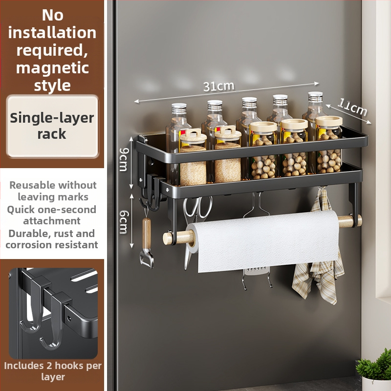 Magneetiline külgriiul külmikule — seinale kinnituv, mitmekülgne, paigaldust ei vaja, süsinikterasest, paberrätiku hoidja, kile ja maitseainete hoiustamine