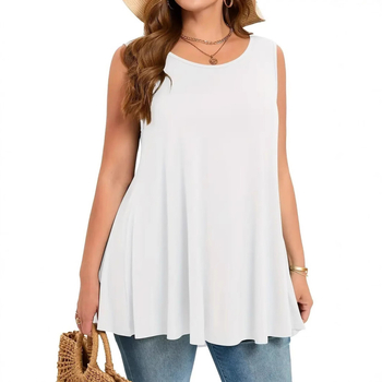 Γυναικείο μπλουζάκι χωρίς μανίκια με στρογγυλό λαιμό, φαρδιά γραμμή, μακρύ μήκος, μείγμα νάιλον-σπαντέξ, ιαπωνοκορεατικό casual στυλ