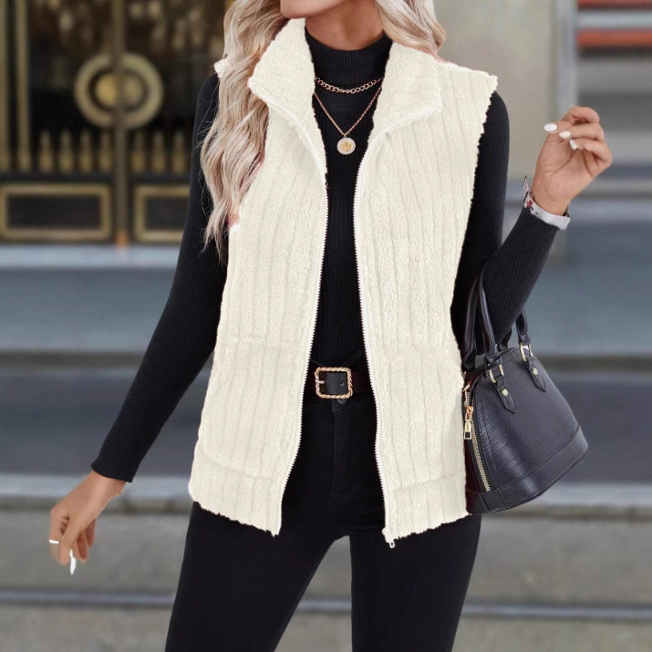 Varrukateta vest, lapellise krae, karusärmeline muster, keskmise pikkusega, polüesteri segu