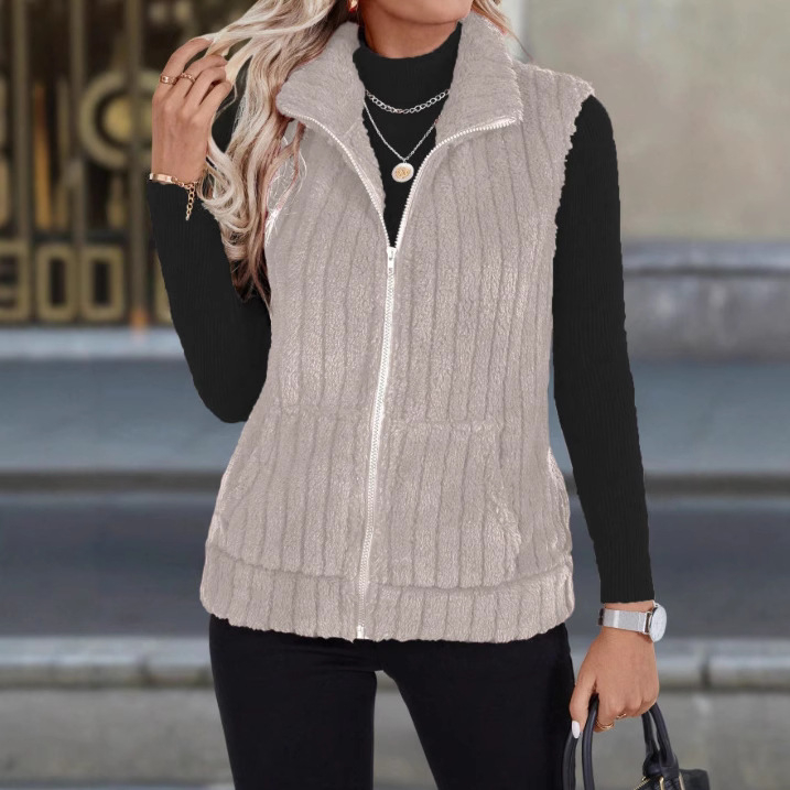 Varrukateta vest, lapellise krae, karusärmeline muster, keskmise pikkusega, polüesteri segu