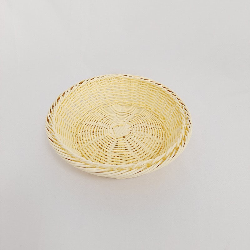 Плетена кръгла кошница за плодове и хляб, нов китайски стил — Материал: PP пластмасов ратан; Модел: кошница за хляб; Произход: Бобай; Област на приложение: плодове, зеленчуци, канцелария, козметика/бижута, кабели за слушалки