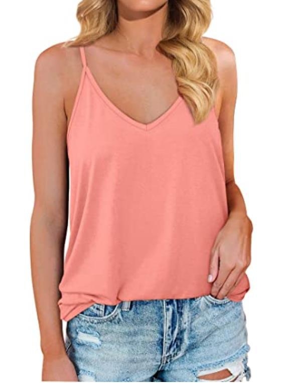 Топ с V‑образно деколте и тънки презрамки, свободен силует; полиестер; дължина 50–65 см