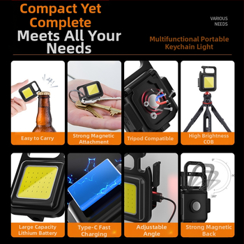 Фенерче за ключодържател – презареждаем, ултраярък за външни условия, компактна къмпинг лампа; COB светодиод, 3.7V, 10W, натисков превключвател