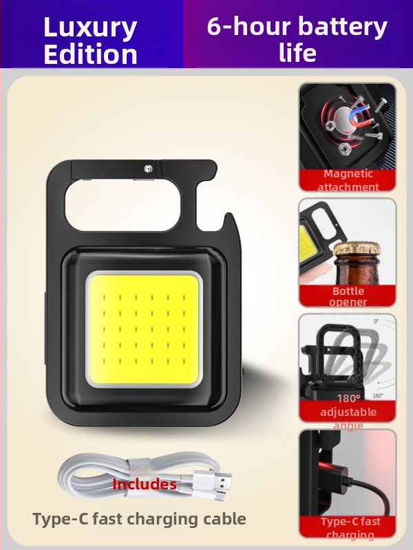 Фенерче за ключодържател – презареждаем, ултраярък за външни условия, компактна къмпинг лампа; COB светодиод, 3.7V, 10W, натисков превключвател