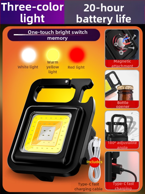 Фенерче за ключодържател – презареждаем, ултраярък за външни условия, компактна къмпинг лампа; COB светодиод, 3.7V, 10W, натисков превключвател