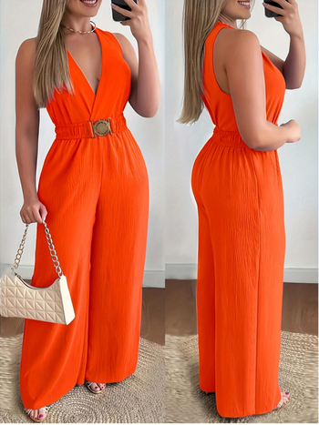 Полиестерни панталони с висока талия, широки крачоли и диагонални джобове