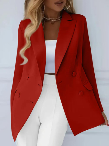 Γυναικείο διπλοκουμπωτό σακάκι κοστουμιού σε χαλαρή γραμμή, μακριές μανίκια, γιακά σακάκι, μονόχρωμος πολυεστέρας, άνοιξη 2025