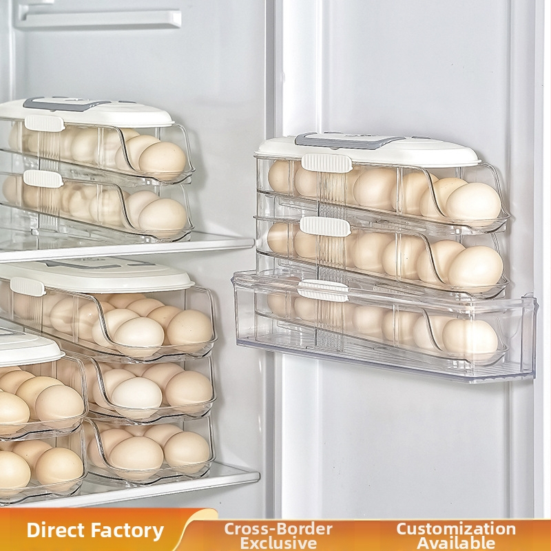 Държач за яйца за хладилник с въртящ се механизъм, многослоен, автоматичен, пластмасов, за страничната врата