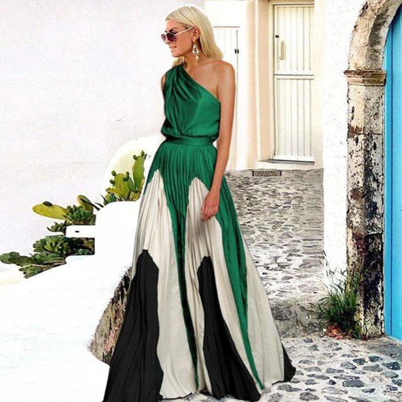 Dugačka haljina za žene s patchworkom, bez rukava, off-shoulder, poliester, ljeto 2025