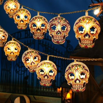 Halloween LED fényfüzér koponya, pók és tök medálokkal, 110V, 10 LED, 4000 lm, 2500K, IP43