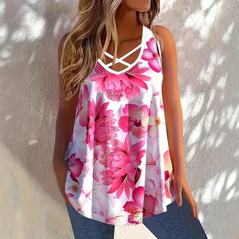 Γυναικείο χωρίς μανίκια τοπ με V-λαιμό, χαλαρή γραμμή, φλοράλ σχέδιο, πολυεστέρας-σπαντεξ μείγμα, ψηφιακή εκτύπωση
