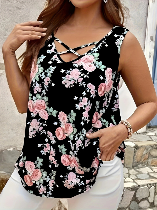 Női ujjatlan felső lazább szabással, V-nyakú, virágmintás, poliészter-spandex keverék, digitális nyomtatás