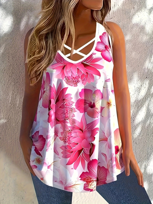 Női ujjatlan felső lazább szabással, V-nyakú, virágmintás, poliészter-spandex keverék, digitális nyomtatás