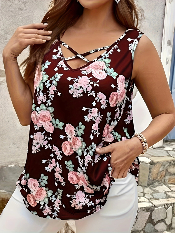 Női ujjatlan felső lazább szabással, V-nyakú, virágmintás, poliészter-spandex keverék, digitális nyomtatás