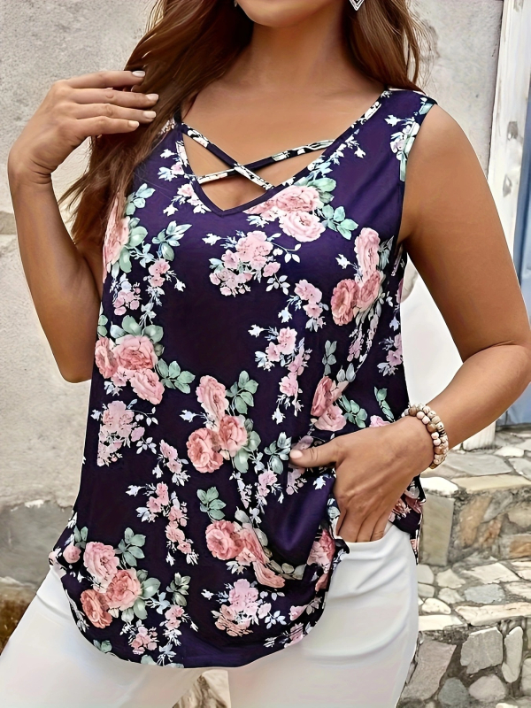 Női ujjatlan felső lazább szabással, V-nyakú, virágmintás, poliészter-spandex keverék, digitális nyomtatás