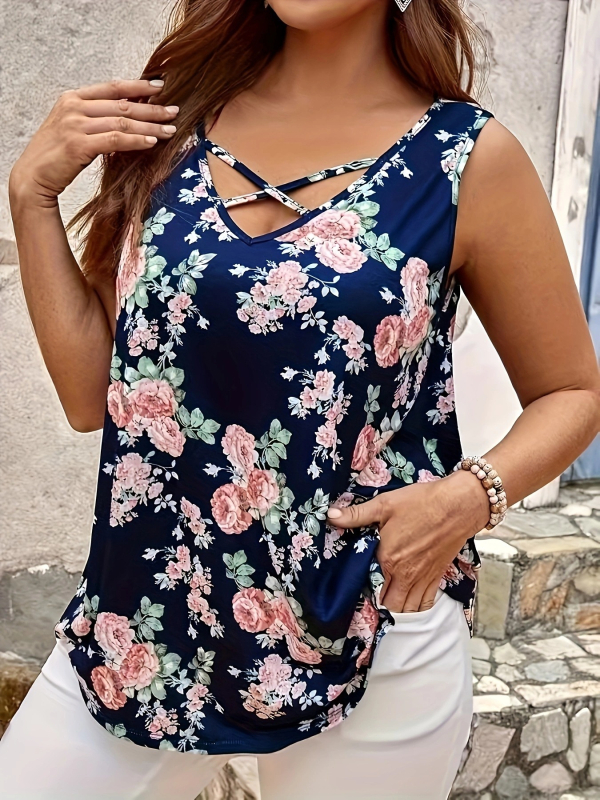 Női ujjatlan felső lazább szabással, V-nyakú, virágmintás, poliészter-spandex keverék, digitális nyomtatás