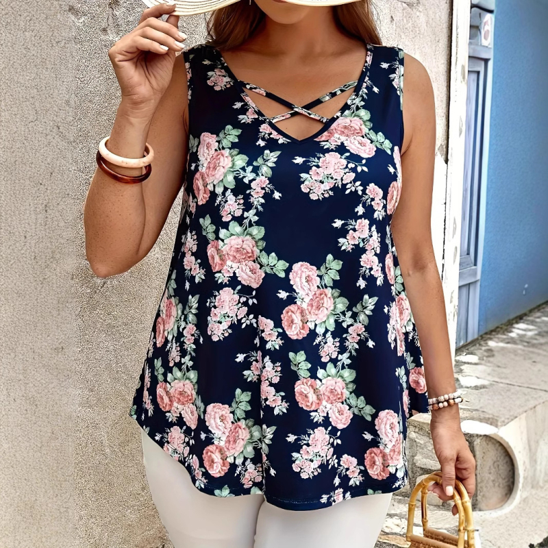Női ujjatlan felső lazább szabással, V-nyakú, virágmintás, poliészter-spandex keverék, digitális nyomtatás