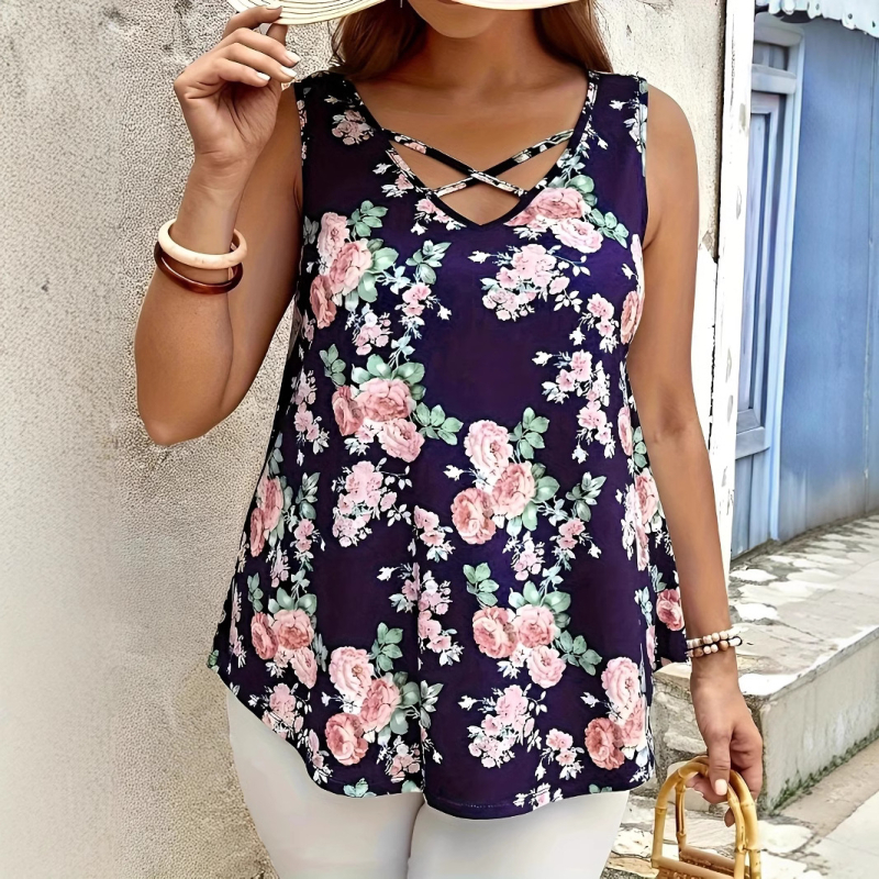 Női ujjatlan felső lazább szabással, V-nyakú, virágmintás, poliészter-spandex keverék, digitális nyomtatás