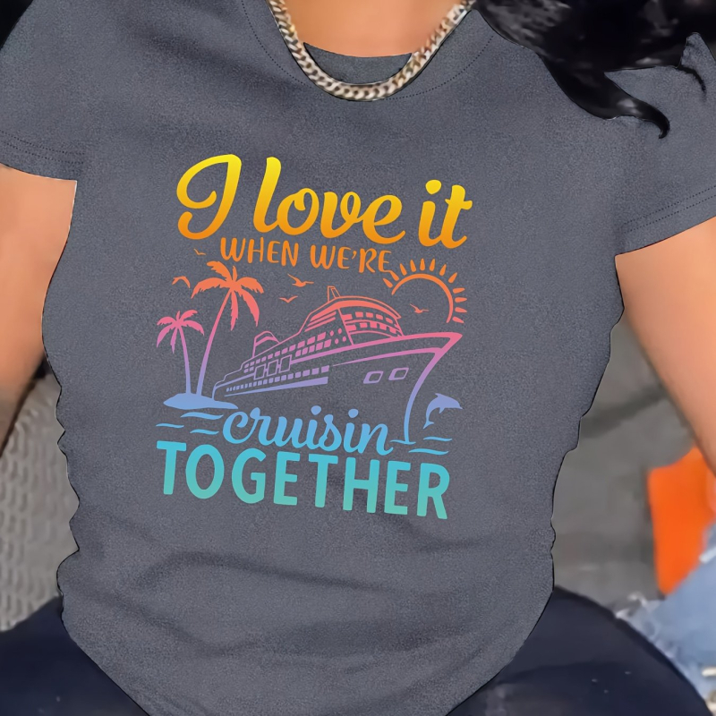 Gradiens betűk nyomtatású póló, pamut, kerek nyakú, rövid ujjú, A-vonalú szabás