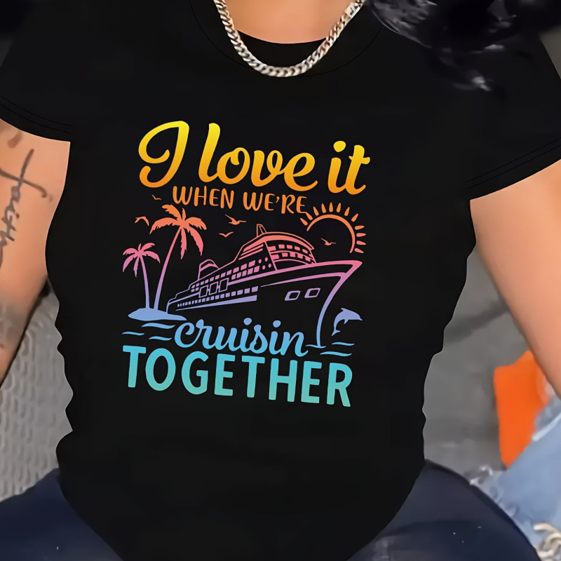 Gradiens betűk nyomtatású póló, pamut, kerek nyakú, rövid ujjú, A-vonalú szabás