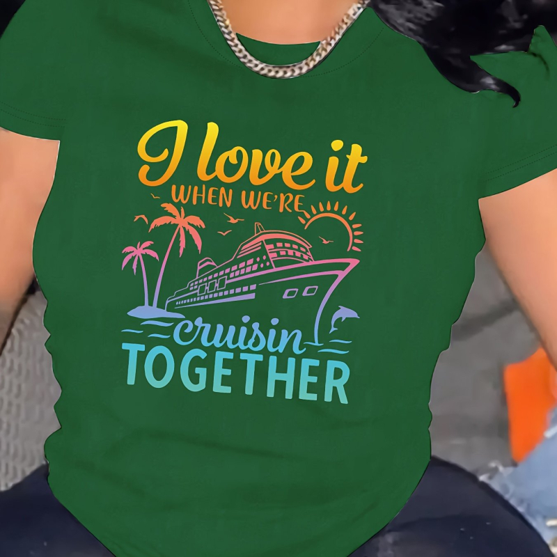 Gradiens betűk nyomtatású póló, pamut, kerek nyakú, rövid ujjú, A-vonalú szabás