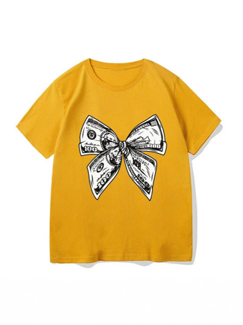 Μπλουζάκι από βαμβάκι με κοντά μανίκια, φαρδιά γραμμή, print με φιόγκο