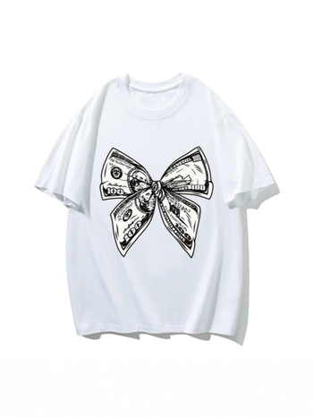 Μπλουζάκι από βαμβάκι με κοντά μανίκια, φαρδιά γραμμή, print με φιόγκο