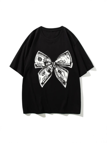 Μπλουζάκι από βαμβάκι με κοντά μανίκια, φαρδιά γραμμή, print με φιόγκο