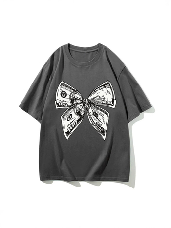 Μπλουζάκι από βαμβάκι με κοντά μανίκια, φαρδιά γραμμή, print με φιόγκο