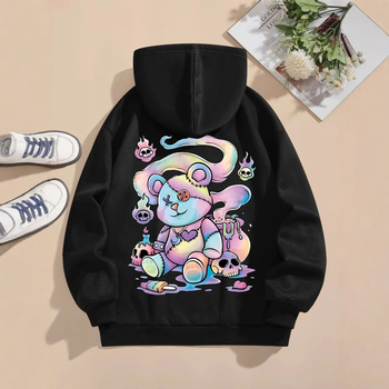 Kapucnis pulóver medvés mintás nyomtatással, Goth Harajuku stílus, laza szabású, 65% pamut, 450 g/m², cipzár, oldalzsebek, velúrhatású felület