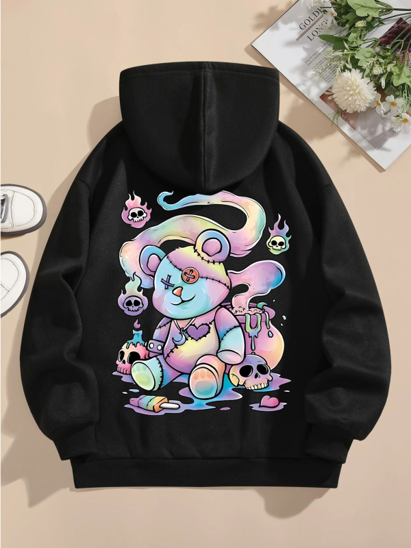 Kapucnis pulóver medvés mintás nyomtatással, Goth Harajuku stílus, laza szabású, 65% pamut, 450 g/m², cipzár, oldalzsebek, velúrhatású felület