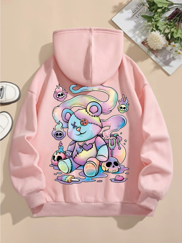 Kapucnis pulóver medvés mintás nyomtatással, Goth Harajuku stílus, laza szabású, 65% pamut, 450 g/m², cipzár, oldalzsebek, velúrhatású felület