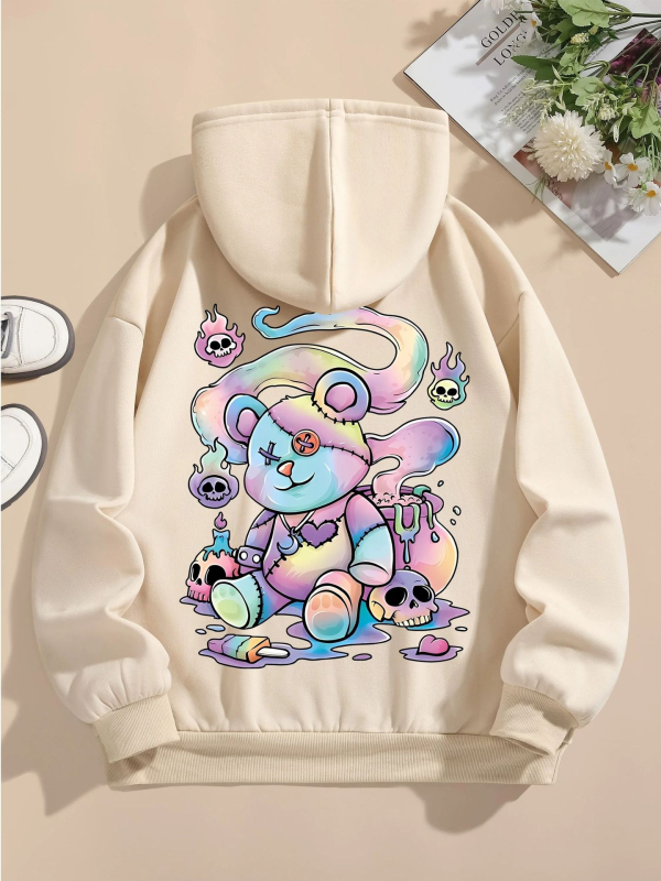 Kapucnis pulóver medvés mintás nyomtatással, Goth Harajuku stílus, laza szabású, 65% pamut, 450 g/m², cipzár, oldalzsebek, velúrhatású felület