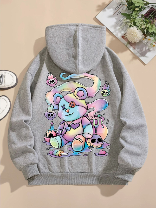 Kapucnis pulóver medvés mintás nyomtatással, Goth Harajuku stílus, laza szabású, 65% pamut, 450 g/m², cipzár, oldalzsebek, velúrhatású felület