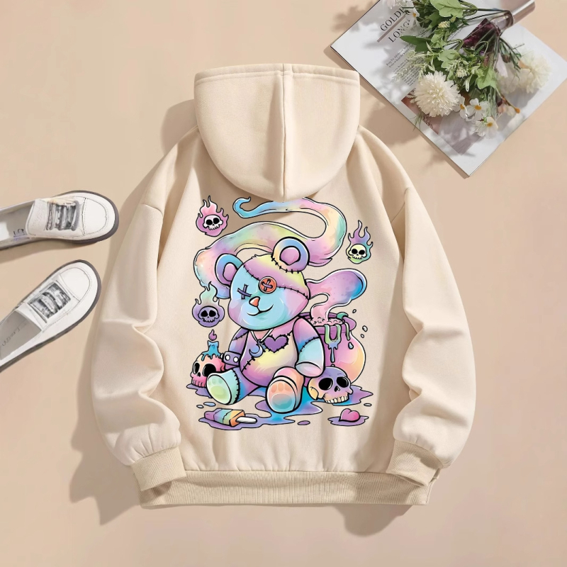 Kapucnis pulóver medvés mintás nyomtatással, Goth Harajuku stílus, laza szabású, 65% pamut, 450 g/m², cipzár, oldalzsebek, velúrhatású felület