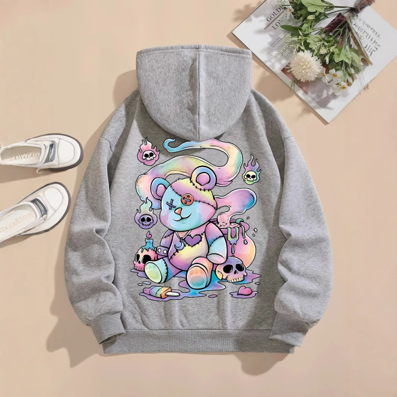 Kapucnis pulóver medvés mintás nyomtatással, Goth Harajuku stílus, laza szabású, 65% pamut, 450 g/m², cipzár, oldalzsebek, velúrhatású felület