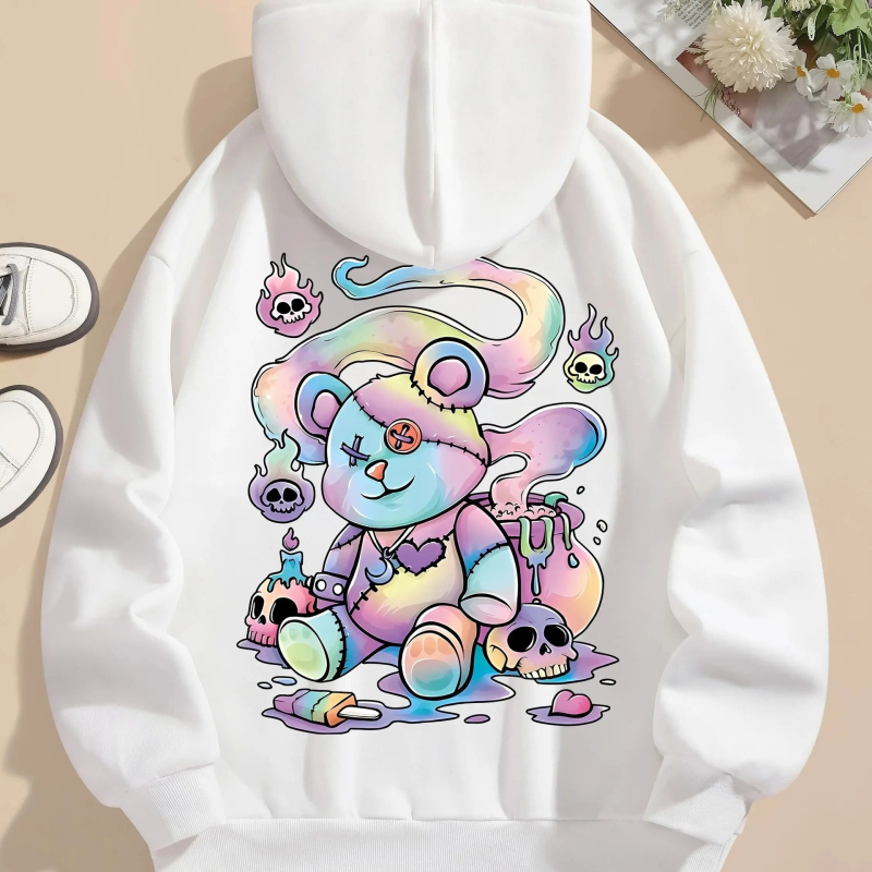 Kapucnis pulóver medvés mintás nyomtatással, Goth Harajuku stílus, laza szabású, 65% pamut, 450 g/m², cipzár, oldalzsebek, velúrhatású felület